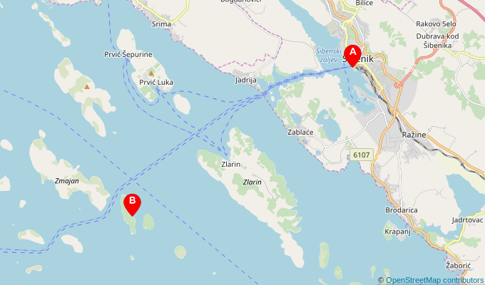 Map of ferry route between Sibenik and Obonjan